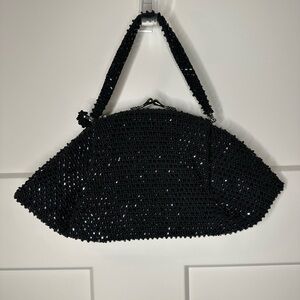 Vintage Black Beaded Evening Bag – Formal Top-Handle Clutch Purse